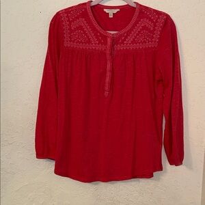 Lucky Brand Deep Coral Embroidered Long Sleeve Henley